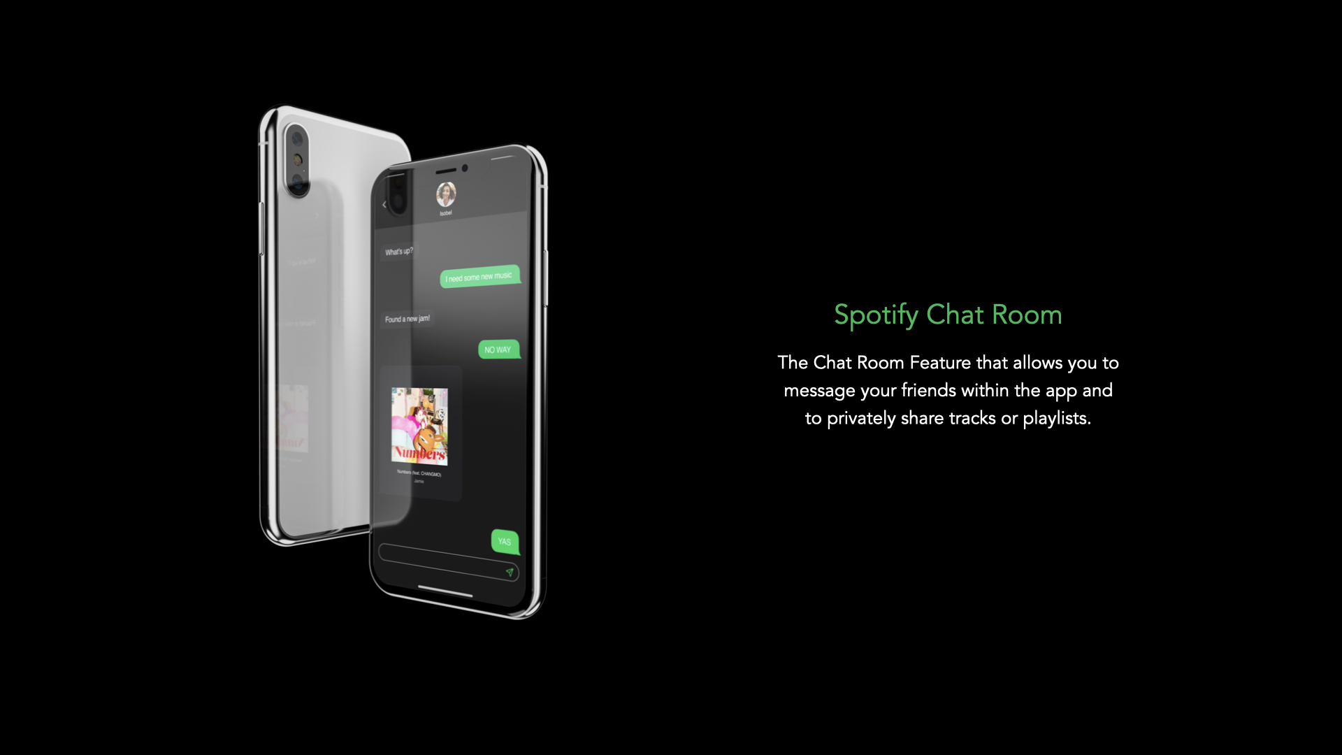 The Chat Room Feature that allows you to message your friends within the app and to privately share tracks and playlists.