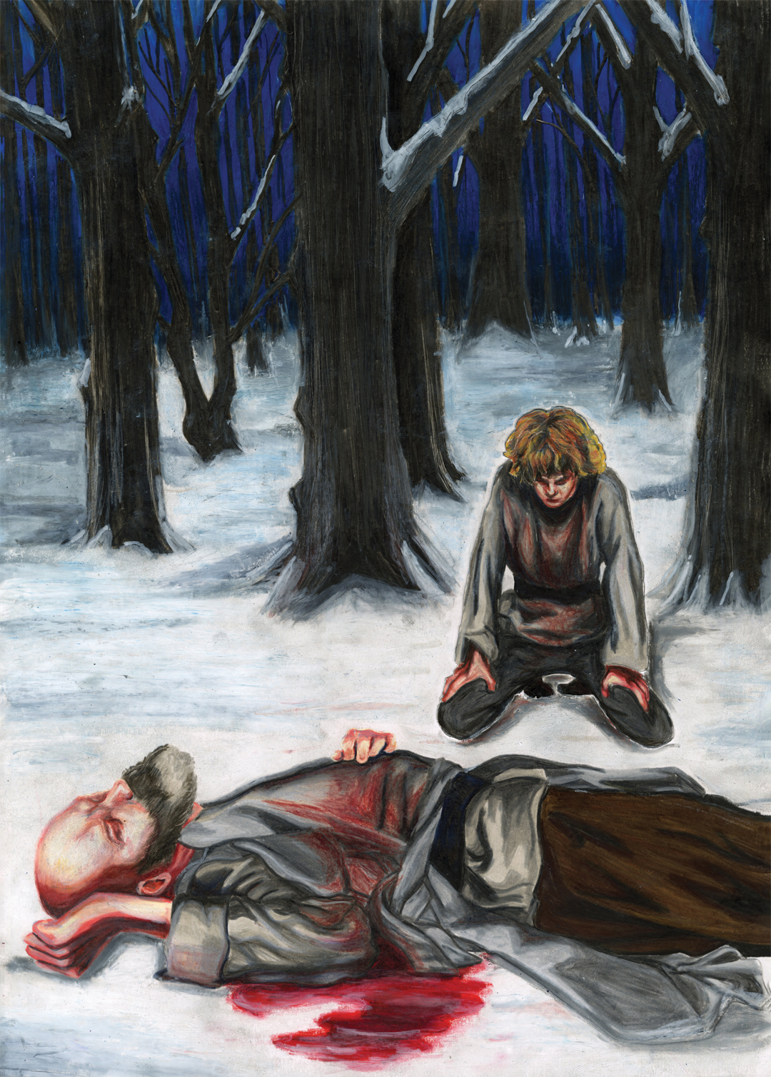 “Narcissus and Goldmund”. Image from a series illustrated for “Narcissus and Goldmund” by Hermann Hesse. Depicting an altercation between Goldmund and Viktor.