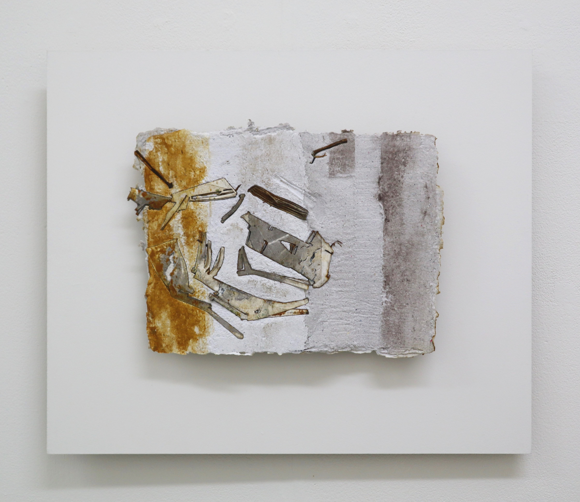 ‘Untitled no 19’ 2023. Paper cast on wood, mount board, rust vinegar, walnut ink, engine oil, wood, MFD.