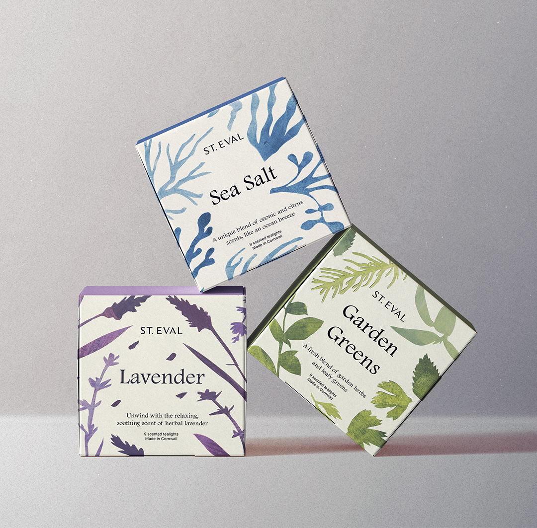 Candle Packaging. Repackaging three tealight scents using analogue collaged elements.